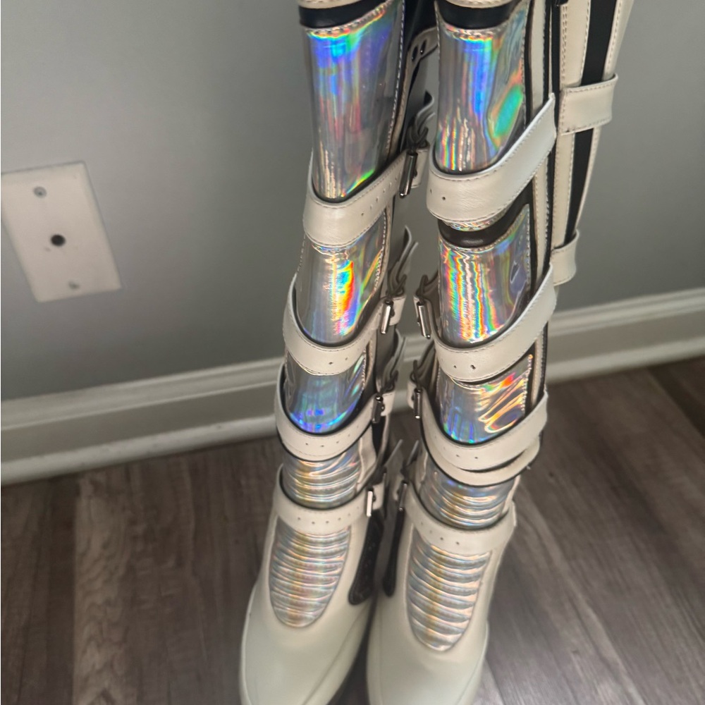 AKIRA Holographic Strapped Boots - White and Silver